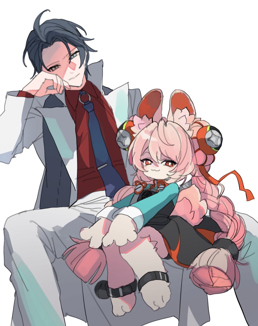 1boy, 1girl, :3, animal_ears, catxmata, coat, collared_shirt, commentary_request