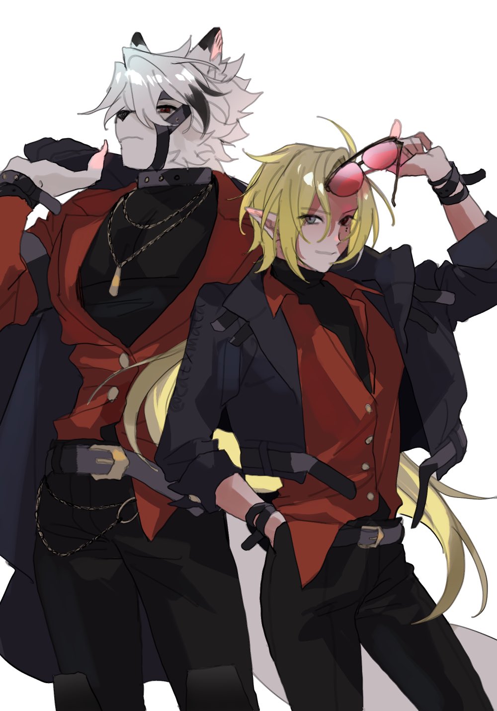 2boys, animal_ears, belt, black_jacket, black_pants, blonde_hair, catxmata, commentary_request