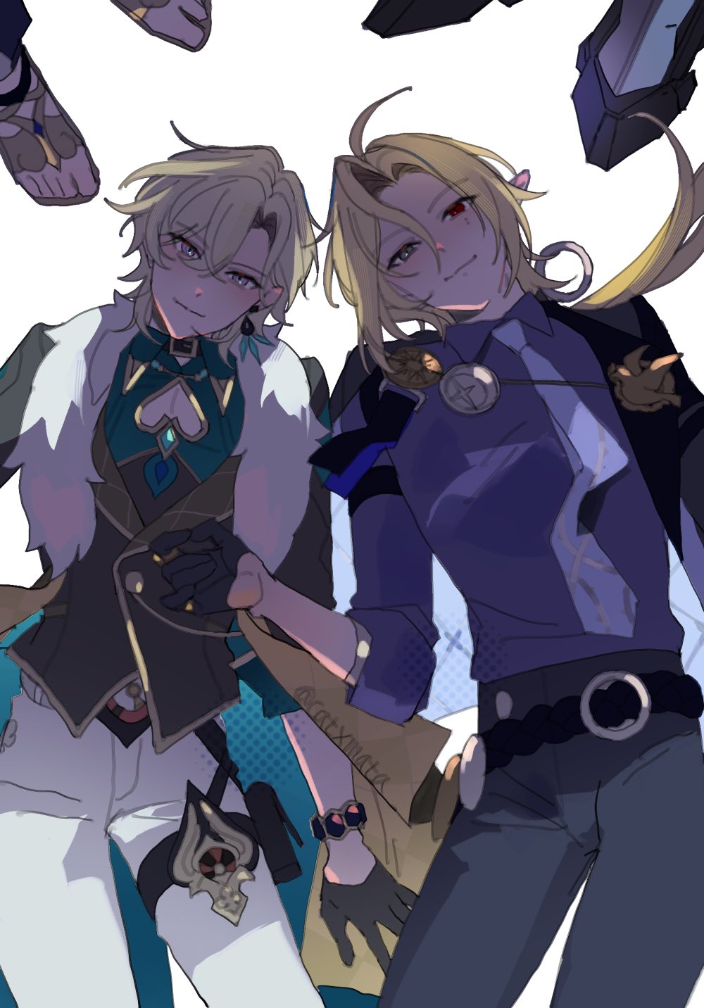 4boys, ahoge, aventurine_(honkai:_star_rail), black_gloves, black_pants, blonde_hair, blue_eyes, catxmata