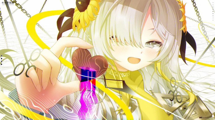 1girl, :d, absurdres, artist_name, blush, candy, chain, character_name