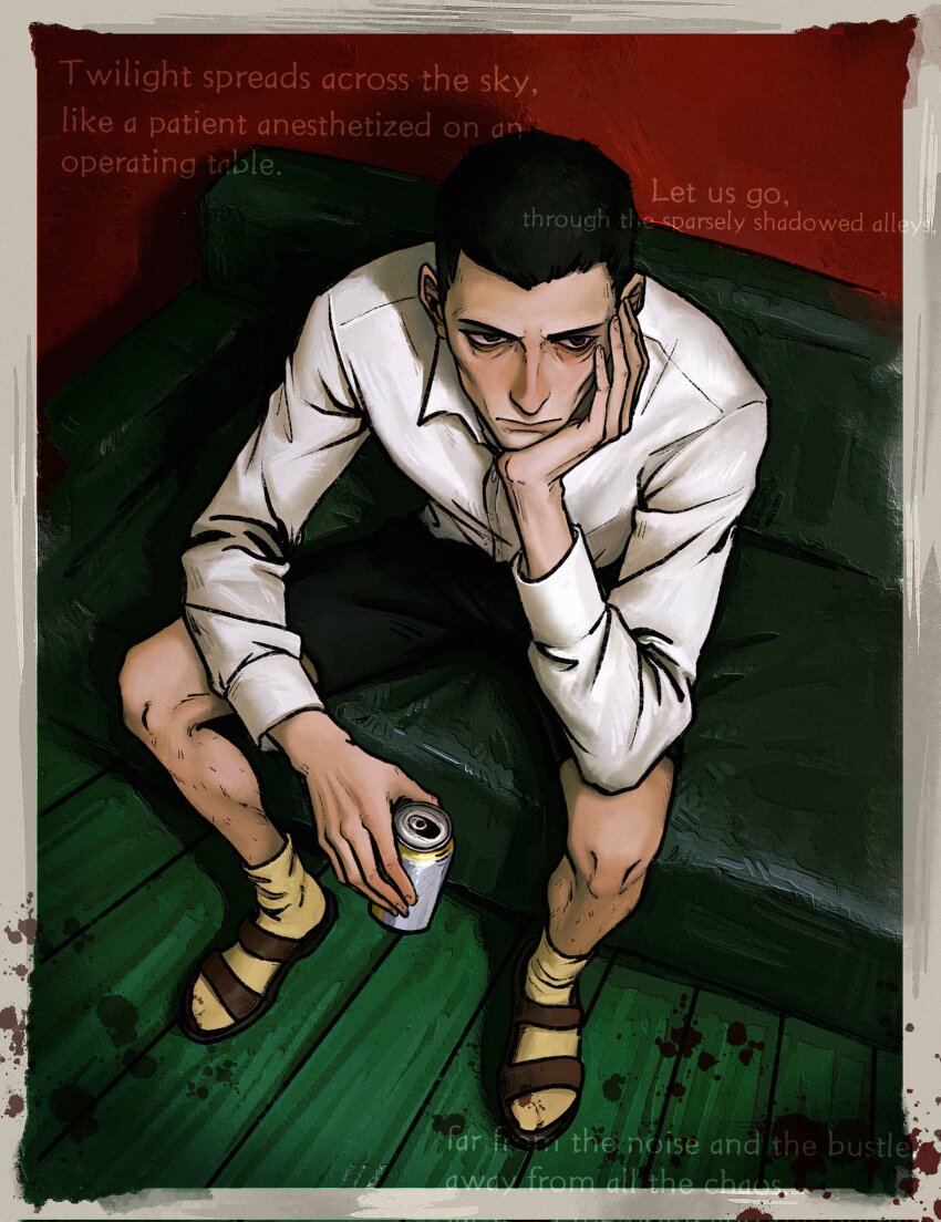 1boy, arm_on_thigh, bar_guy_(no_i'm_not_a_human), beer_can, black_eyes, black_hair, black_shorts, border