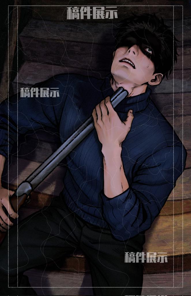 1boy, black_hair, black_pants, blue_eyes, blue_sweater, chinese_text, commentary_request, double-barreled_shotgun, gun, holding, holding_weapon, imminent_suicide, indoors, male_focus, no_i'm_not_a_human, on_stairs, open_mouth, pants, partially_shaded_face, protagonist_(no_i'm_not_a_human), rolling_eyes, shotgun, sitting, solo, sweater, tears, turtleneck, turtleneck_sweater, weapon, yuanhp12