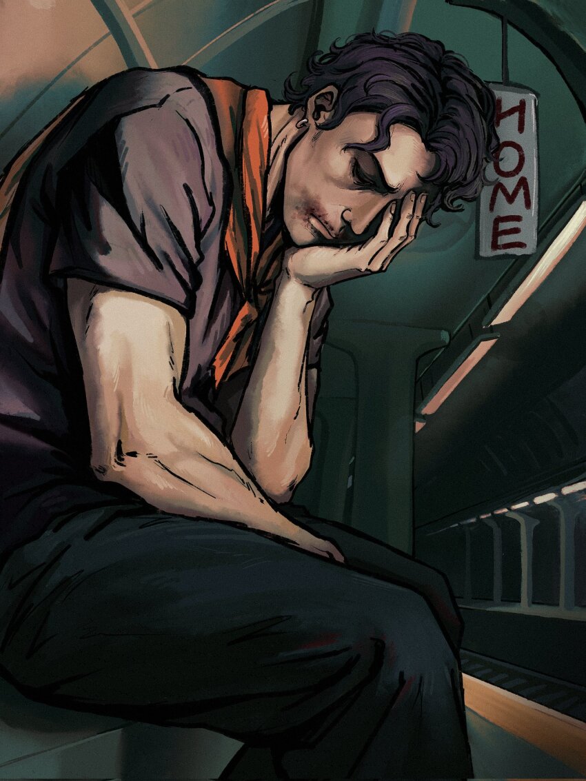 1boy, black_pants, cape, closed_eyes, closed_mouth, earrings, english_text, hand_on_own_face