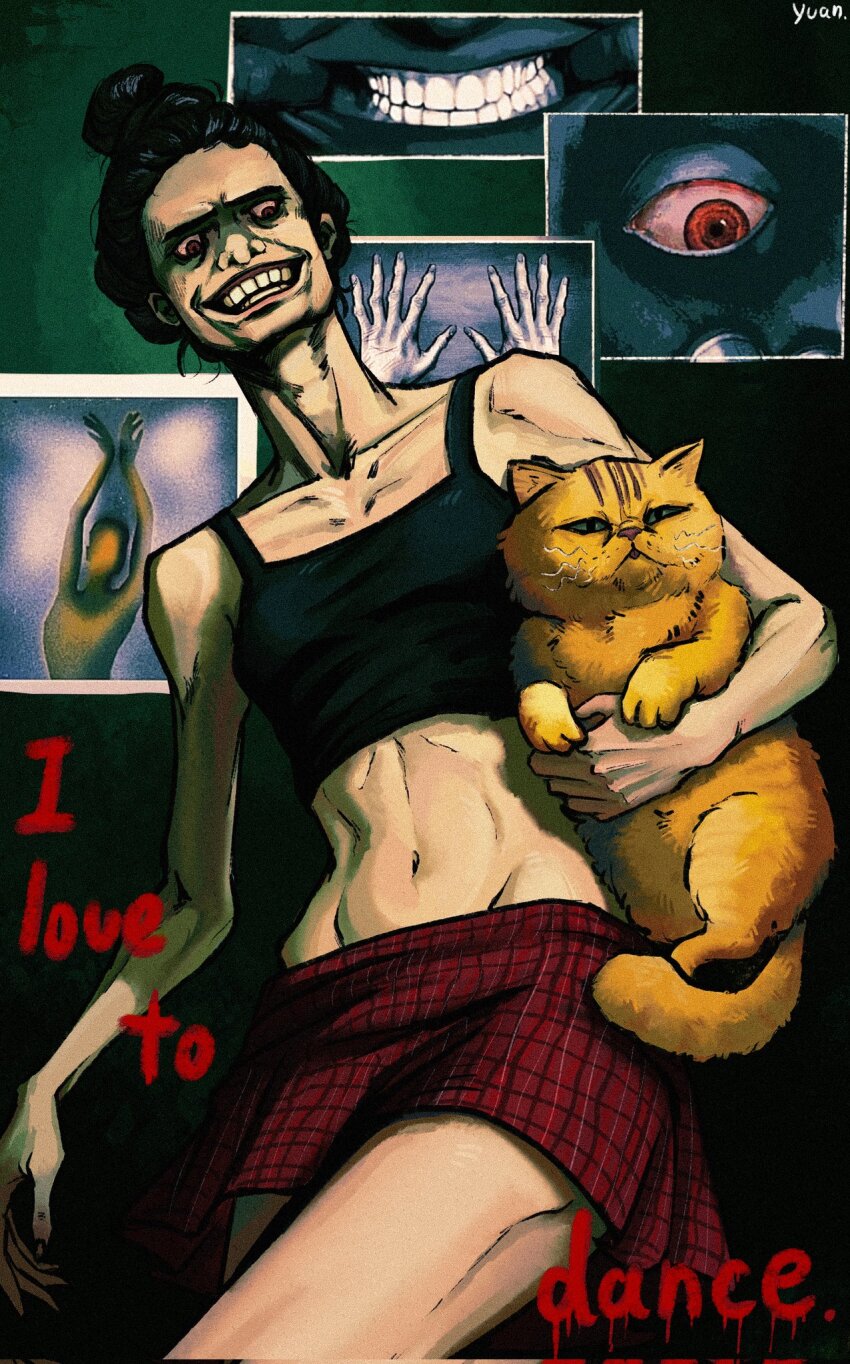 1girl, animal, black_background, black_hair, black_shirt, cat, cat_lady_(no_i'm_not_a_human), colored_sclera