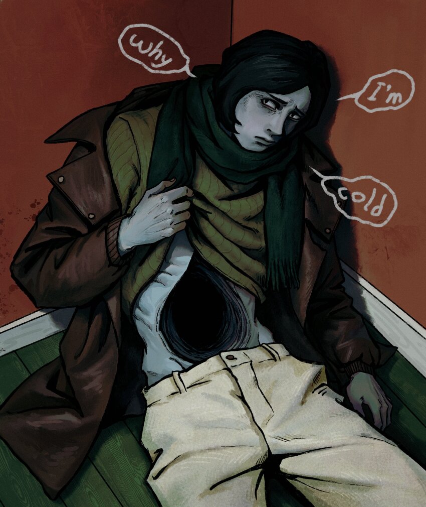 1boy, against_wall, black_eyes, black_hair, brown_coat, closed_mouth, clothes_lift, coat, coat_guy_(no_i'm_not_a_human), cowboy_shot, emaciated, english_text, green_scarf, green_sweater, highres, hole_in_stomach, indoors, leaning, looking_at_viewer, male_focus, no_i'm_not_a_human, on_floor, pants, parted_hair, scarf, sitting, solo, speech_bubble, sweater, sweater_lift, white_pants, yuanhp12