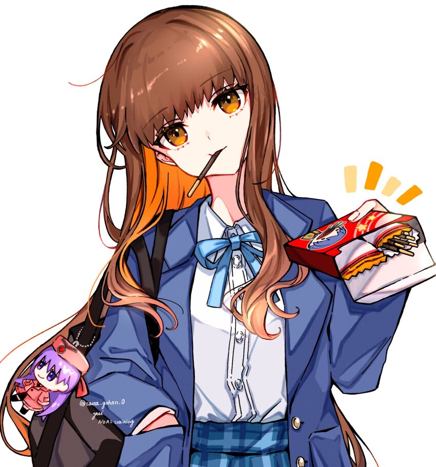 alternate_costume, bb_(fate), blue_jacket, blue_skirt, box, brown_hair, colored_inner_hair, commentary_request