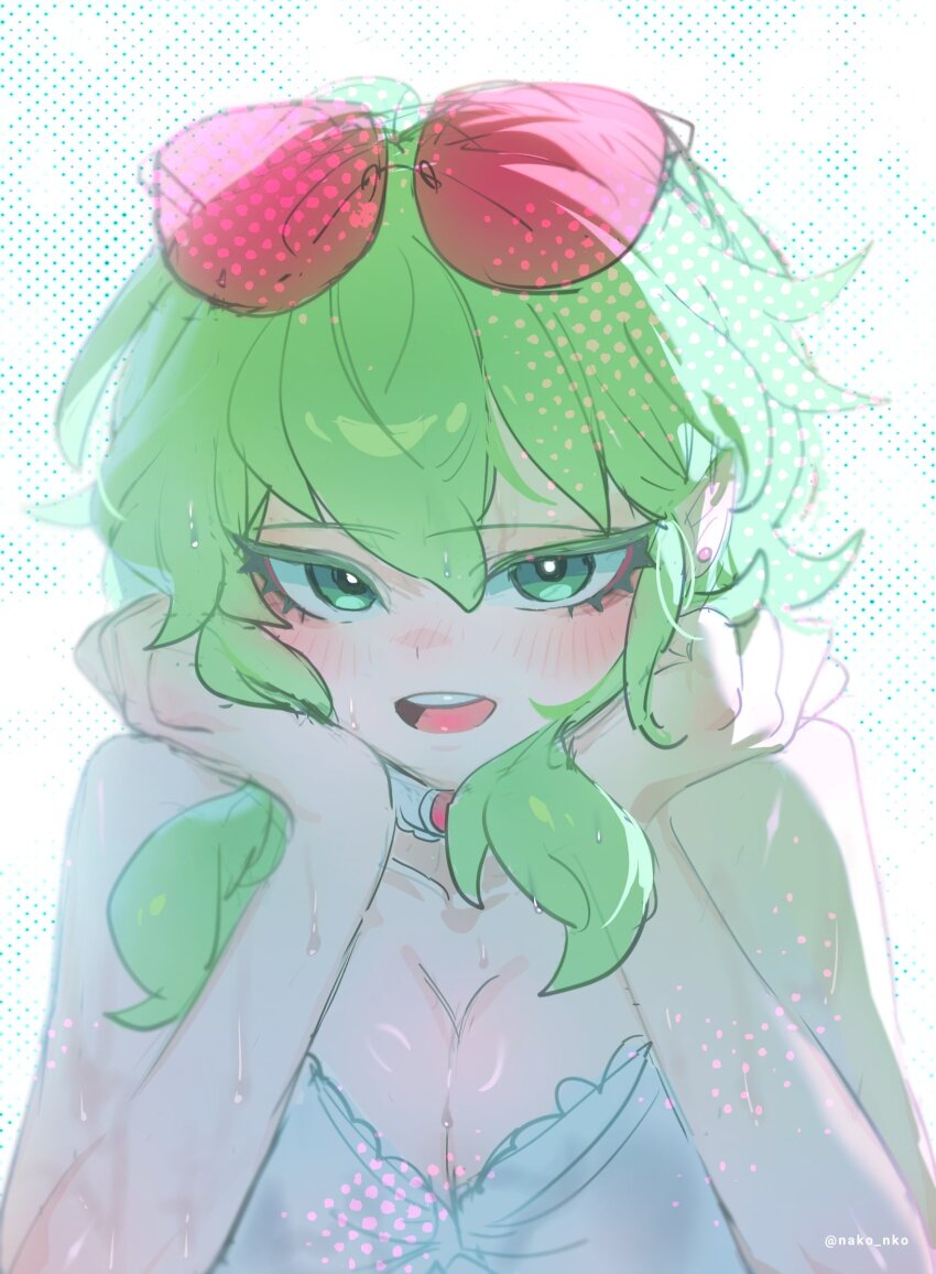 1girl, artist_name, bra, breasts, cleavage, eyewear_on_head, green_eyes, green_hair