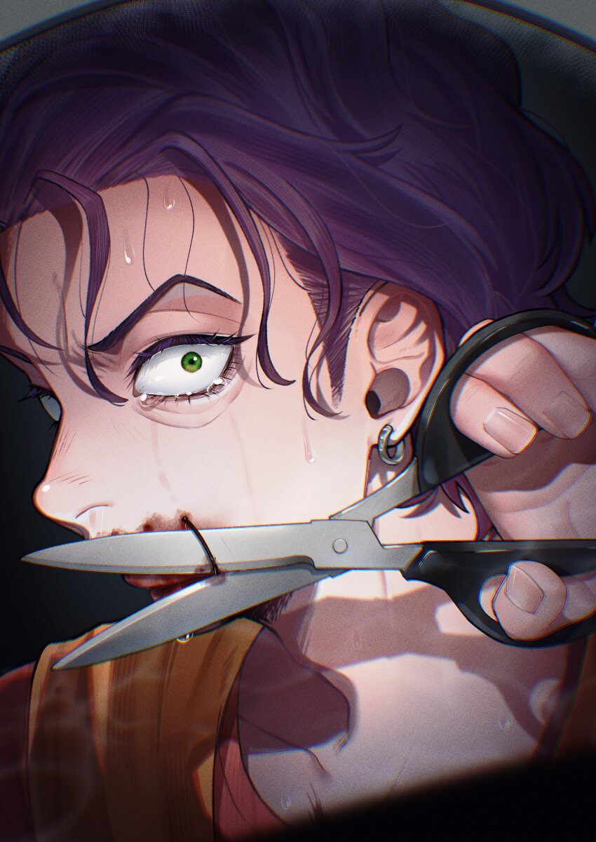 1boy, absurdres, blood, blood_on_mouth, commentary_request, crying, cutting, earrings