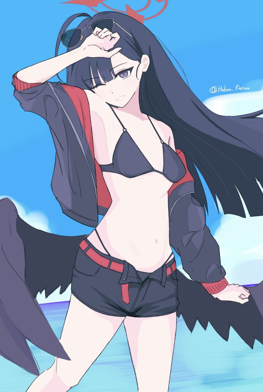 1girl, belt, bikini, bikini_bottom_under_shorts, bikini_under_clothes, black_bikini, black_jacket, black_shorts, black_wings, blue_archive, blush, breasts, eyewear_on_head, feathered_wings, halo, hashtag-only_commentary, highleg, highleg_bikini, highres, hukuro_kasiwa, ichika_(blue_archive), ichika_(swimsuit)_(blue_archive), jacket, long_hair, navel, ocean, off_shoulder, official_alternate_costume, one_eye_closed, open_clothes, open_jacket, open_shorts, red_belt, red_halo, shorts, sky, small_breasts, solo, sunglasses, swimsuit, thighs, wings