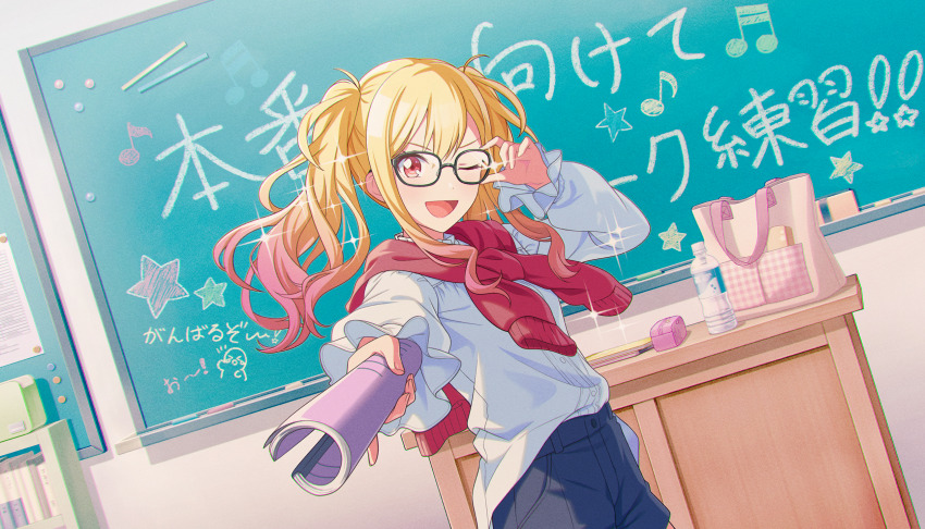 1girl, ;d, arm_up, bag, blonde_hair, blue_shorts, bottle, cardigan