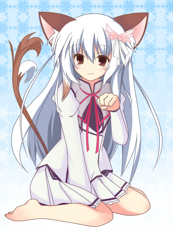 1girl, animal_ears, barefoot, brown_eyes, cat_ears, cat_tail, female_focus, hair_ornament