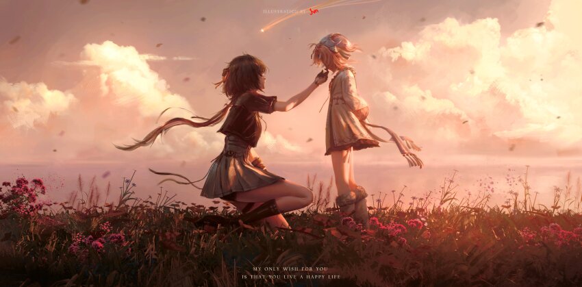 2girls, absurdres, adoptive_parent_and_adoptive_child, aemeath_(wuthering_waves), aemeath_(young)_(wuthering_waves), artist_name, black_gloves, black_hair