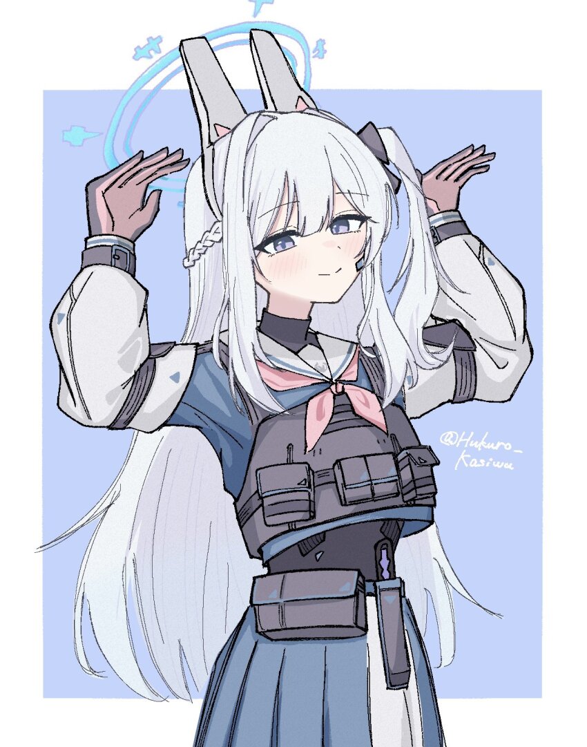 1girl, animal_ears, black_ribbon, blue_archive, blue_shirt, blue_skirt, blush, braid, bulletproof_vest, closed_mouth, commentary_request, fake_animal_ears, gloves, hair_between_eyes, hair_ribbon, halo, highres, hukuro_kasiwa, light_blush, long_hair, long_sleeves, miyako_(blue_archive), neckerchief, pink_gloves, pink_neckerchief, purple_eyes, rabbit_ears, rabbit_pose, ribbon, sailor_collar, school_uniform, serafuku, shirt, skirt, solo, tactical_clothes, tactical_school_uniform, turtleneck, white_hair, white_sailor_collar