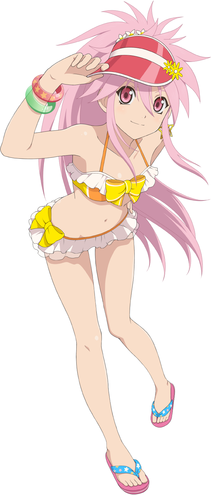 1girl, arche_klein, arche_klein_(summer), bikini, bow, bowtie, earrings, flip-flops, floral_print, flower, flower_ornament, frilled_bikini, frills, front-tie_bikini_top, front-tie_top, game_cg, hair_ornament, hat, highres, jewelry, long_hair, looking_at_viewer, multicolored_bikini, official_alternate_costume, official_art, orange_bikini, pink_eyes, pink_hair, ponytail, red_visor, sandals, solo, star_(symbol), star_earrings, star_print, swimsuit, tales_of_(series), tales_of_asteria, tales_of_phantasia, transparent_background, two-tone_bikini, wide_ponytail, yellow_bikini, yellow_bow, yellow_bowtie