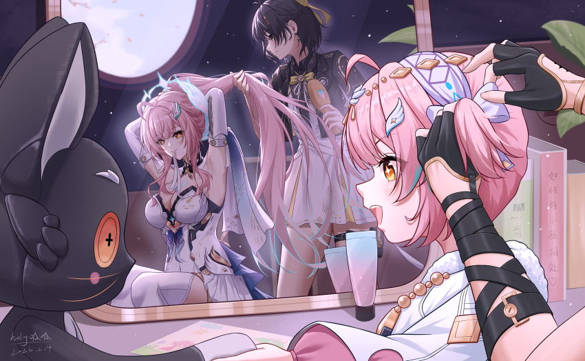 2girls, adoptive_parent_and_adoptive_child, aemeath_(wuthering_waves), aemeath_(young)_(wuthering_waves), ahoge, arms_up, black_gloves, black_hair