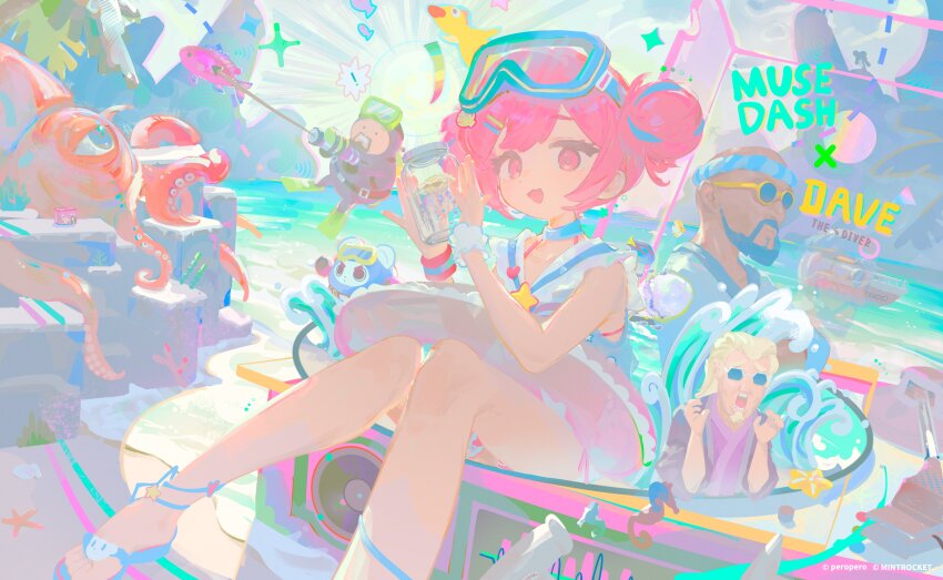 1girl, 3boys, absurdres, bancho_(dave_the_diver), buro_(muse_dash), crossover, dark-skinned_male, dark_skin, dave_(dave_the_diver), dave_the_diver, diving_suit, goggles, goggles_on_head, highres, innertube, looking_at_viewer, medium_hair, multiple_boys, muse_dash, official_art, pink_hair, sandals, swim_ring, swimsuit, yaungpeng