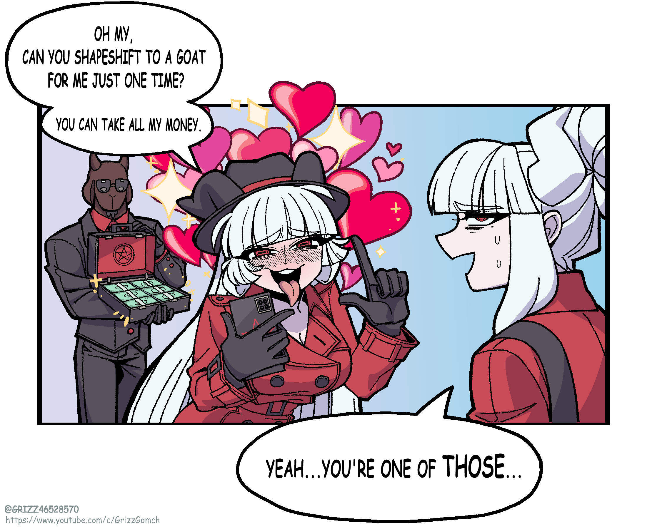 1boy, 2girls, artist_name, baphomet_(grizz), black_gloves, black_hat, black_horns, black_jacket