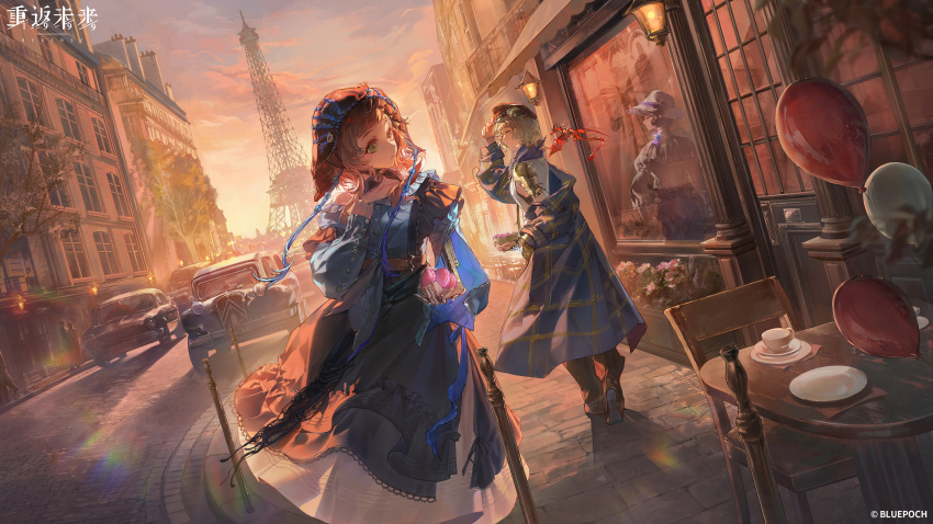 3girls, absurdres, armor, backlighting, balloon, black_coif, black_hat, black_pants, black_skirt, blonde_hair, blue_coat, blue_neckerchief, blue_shirt, brick_floor, brume_(reverse:1999), car, chair, chinese_commentary, chinstrap, coat, commentary_request, coppelia_(reverse:1999), copyright_name, copyright_notice, cup, different_reflection, dutch_angle, eiffel_tower, european_architecture, evening, felicienne_(reverse:1999), food, frilled_straps, green_eyes, hat, highres, holding, holding_food, lens_flare, logo, long_skirt, looking_to_the_side, macaron, mechanical_arms, medium_hair, motor_vehicle, multiple_girls, neckerchief, newsboy_cap, off_shoulder, official_art, orange_sky, outdoors, pants, paris, plate, prosthesis, prosthetic_arm, reflection, reverse:1999, road, saucer, shirt, shoulder_armor, single_bare_shoulder, single_mechanical_arm, single_off_shoulder, skirt, sky, stone_floor, street, table, tank_top, teacup, walking, white_tank_top, window