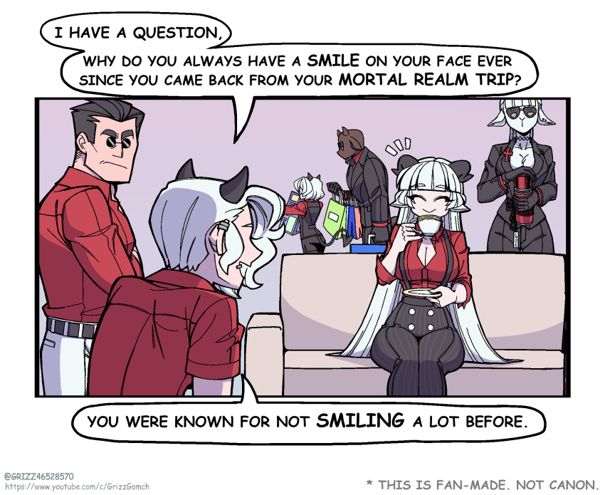 2boys, 4girls, :>, animal_ears, baphomet_(grizz), black_gloves, black_jacket, black_pants