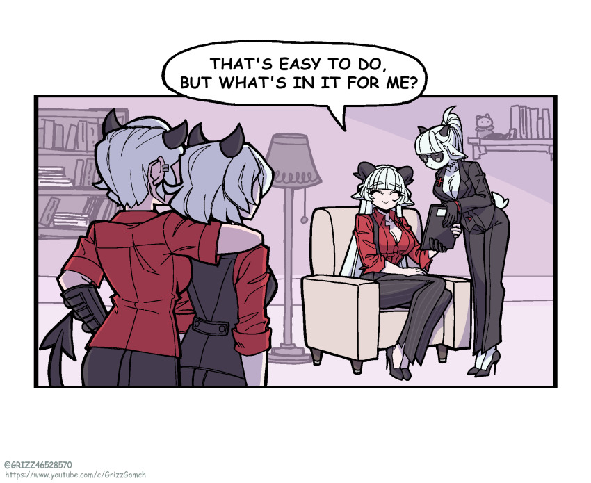 4girls, baphomet_(grizz), black_horns, breasts, choker, cigarette, comic, commentary