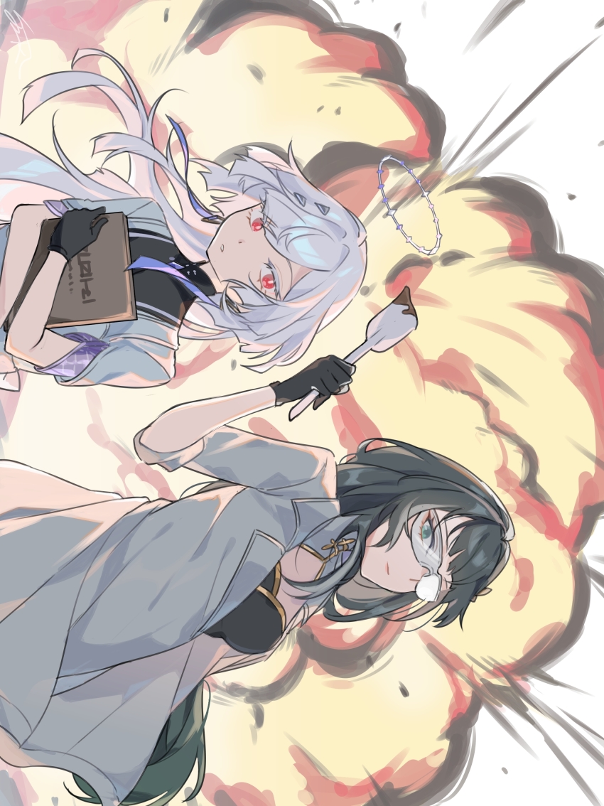 2girls, absurdres, baizhi_(wuthering_waves), book, coat, collar, commentary_request, explosion