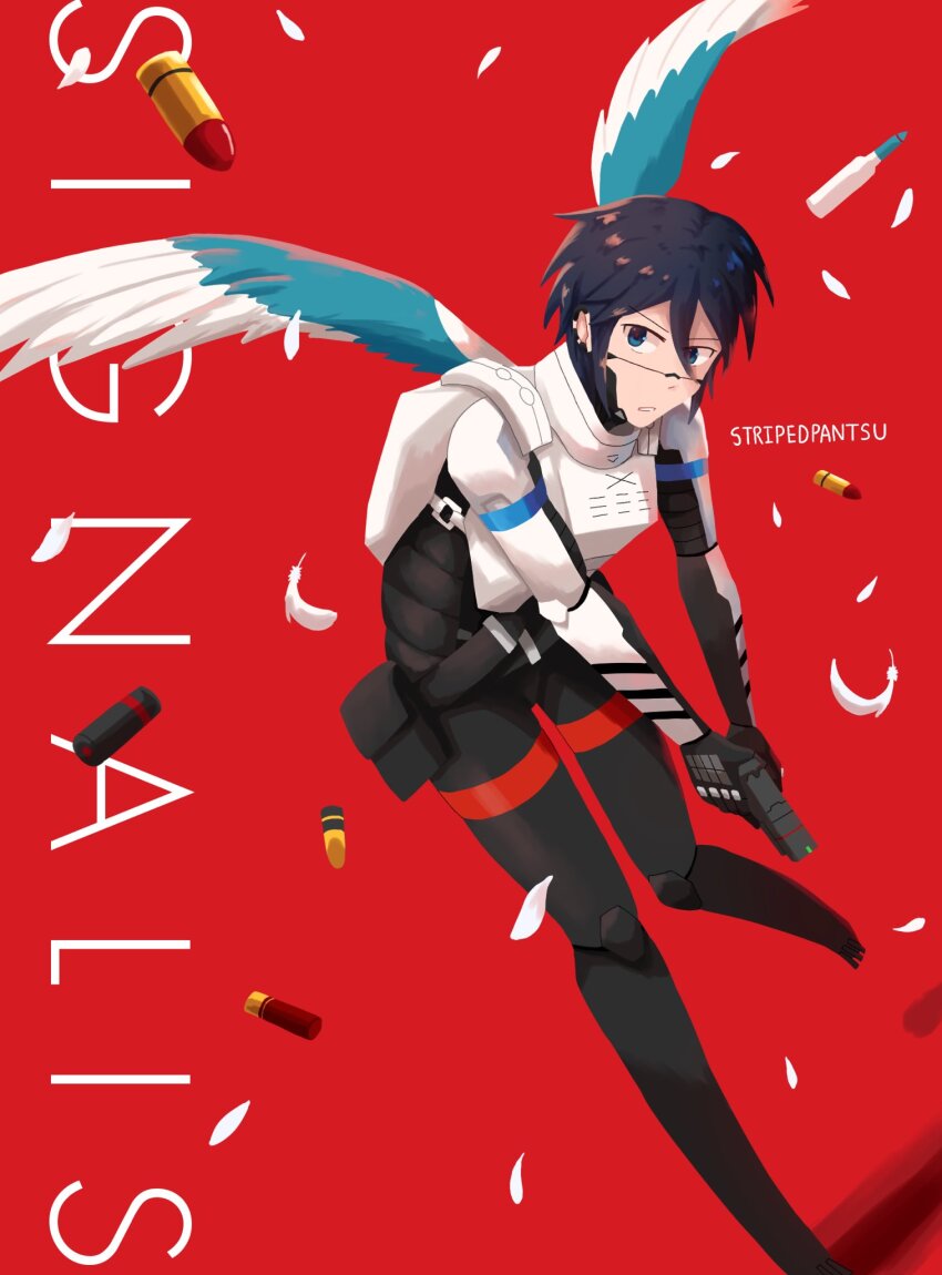1girl, armor, azure-winged_magpie, blue_eyes, blue_wings, breastplate, bullet, commentary, dutch_angle, elster_(signalis), falling_feathers, feathered_wings, feathers, highres, looking_at_viewer, looking_to_the_side, mechanical_legs, megumin_ichiban, poster_(medium), red_background, robot_girl, shadow, signalis, standing, untranslatable_commentary, white_feathers, white_wings, wings