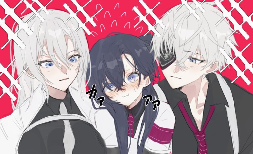 1boy, 2girls, armband, black_shirt, blue_eyes, blush, collared_shirt, commentary_request