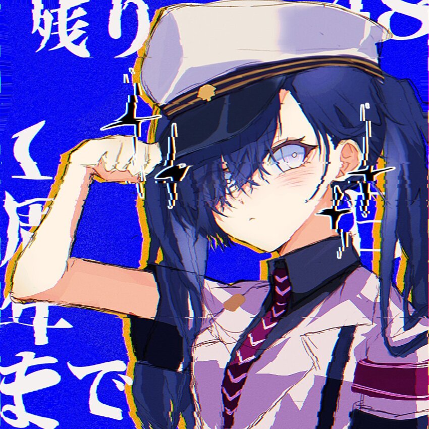 1girl, armband, black_hair, black_shirt, blue_background, collared_shirt, commentary_request, hat