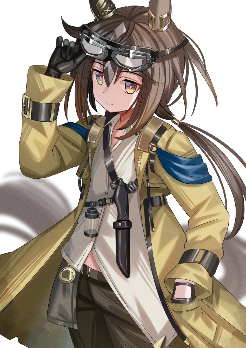 1girl, absurdres, ame_sagari, animal_ears, asymmetrical_shirt, black_gloves, black_pants, brown_eyes