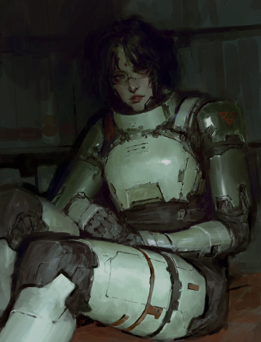 1girl, absurdres, android, armor, black_hair, blue_eyes, breastplate, facial_mark