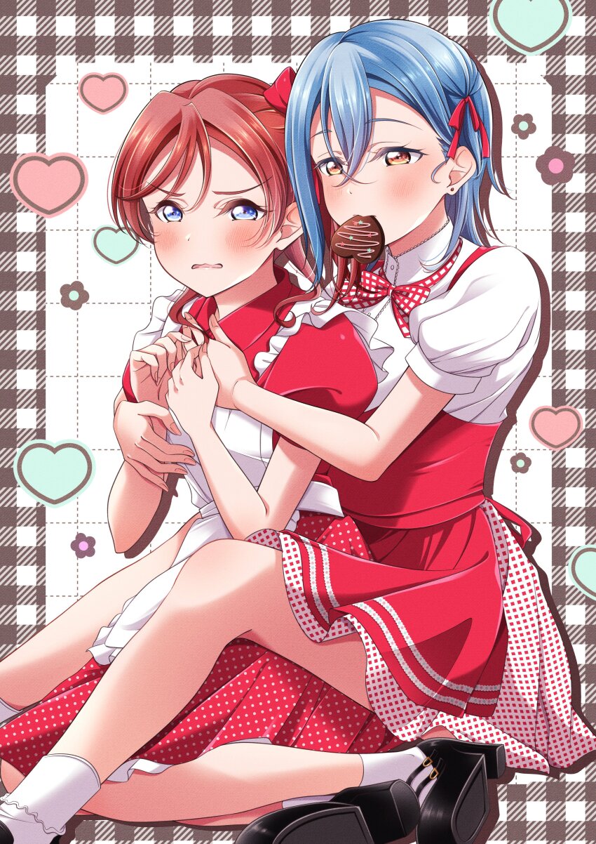 2girls, absurdres, apron, black_shoes, blue_eyes, blue_hair, blush, border