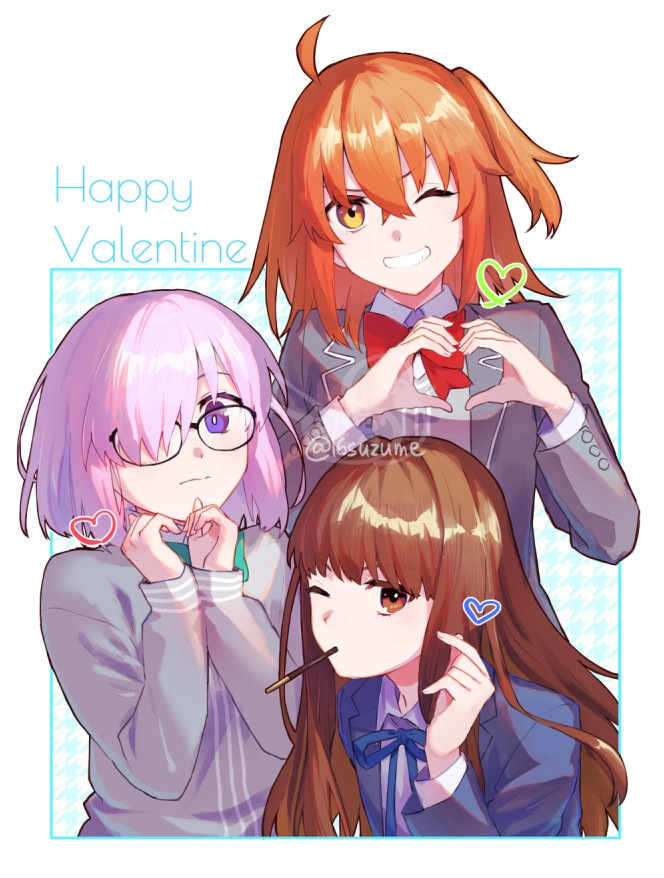 3girls, after_time_valentine_2026, ahoge, black_jacket, blue_jacket, blush, bow, bowtie, breasts, brown_eyes, brown_hair, collared_shirt, fate/grand_order, fate_(series), food, fujimaru_ritsuka_(female), fujimaru_ritsuka_(female)_(sign_of_spring), glasses, grey_sweater, grin, hair_over_one_eye, happy_valentine, heart, heart_hands, jacket, kishinami_hakuno_(female), kishinami_hakuno_(female)_(sign_of_spring), long_hair, long_sleeves, looking_at_viewer, mash_kyrielight, mash_kyrielight_(sign_of_spring), medium_breasts, multiple_girls, neck_ribbon, one_eye_closed, orange_eyes, orange_hair, pink_hair, pocky, purple_eyes, ribbon, shirt, short_hair, sidelocks, small_breasts, smile, somemiya_suzume, sweater, white_shirt