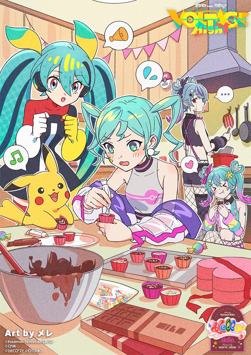 >_<, ..., 4girls, aqua_eyes, aqua_hair, arm_warmers, asymmetrical_gloves, bare_shoulders