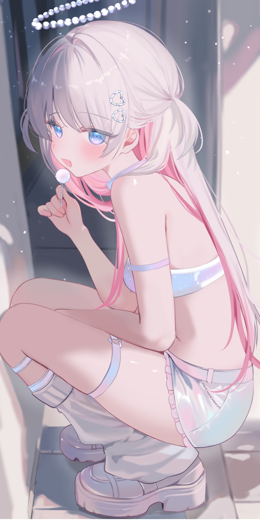 1girl, absurdres, arm_strap, bandeau, bare_shoulders, beads, blue_eyes, breasts