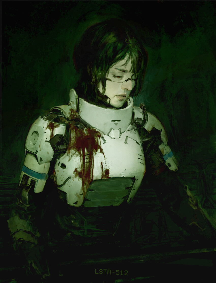1girl, absurdres, android, armor, black_hair, blood, blood_on_clothes, body_armor