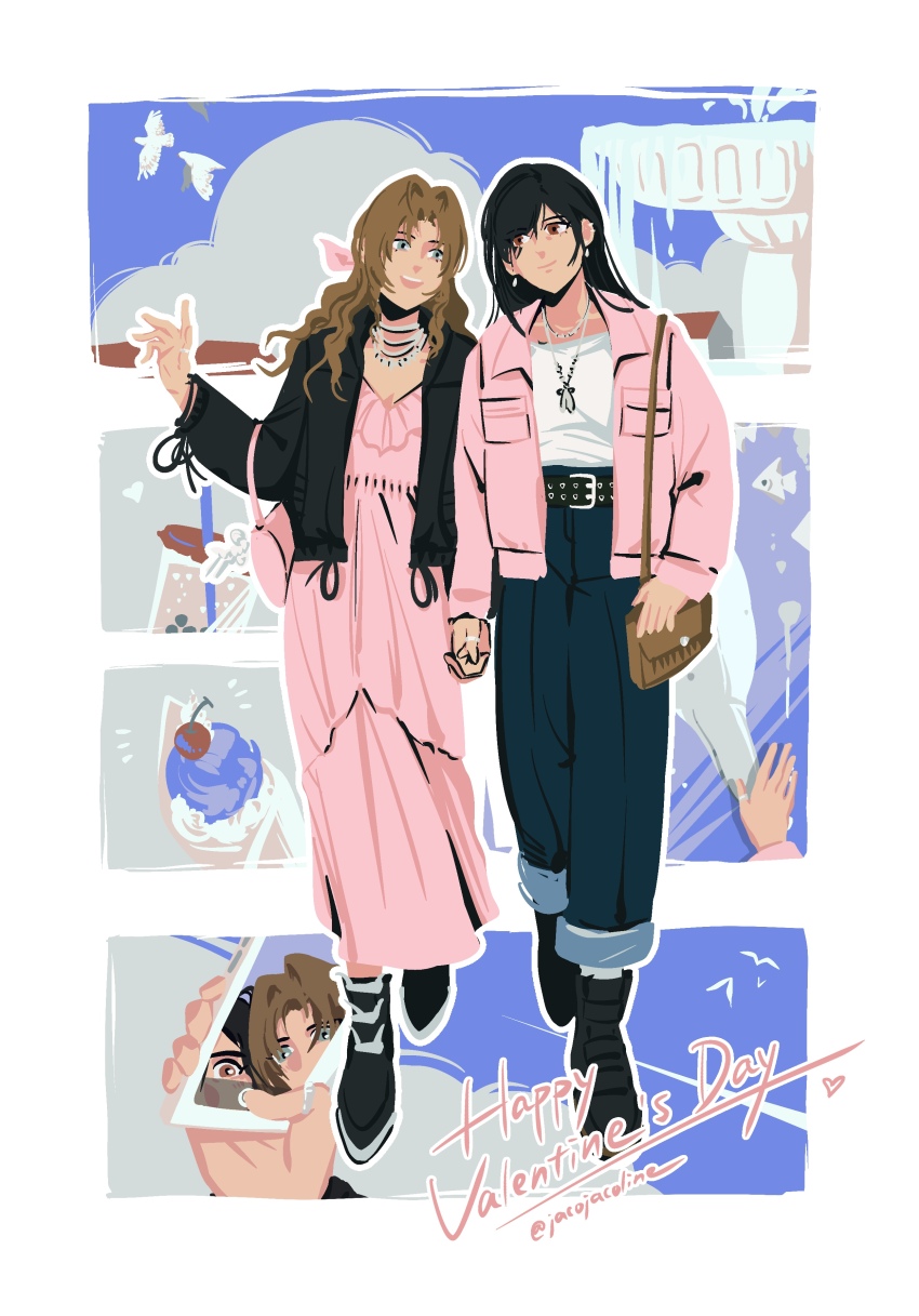 2girls, absurdres, aerith_gainsborough, against_glass, aquarium, bag, belt, bird