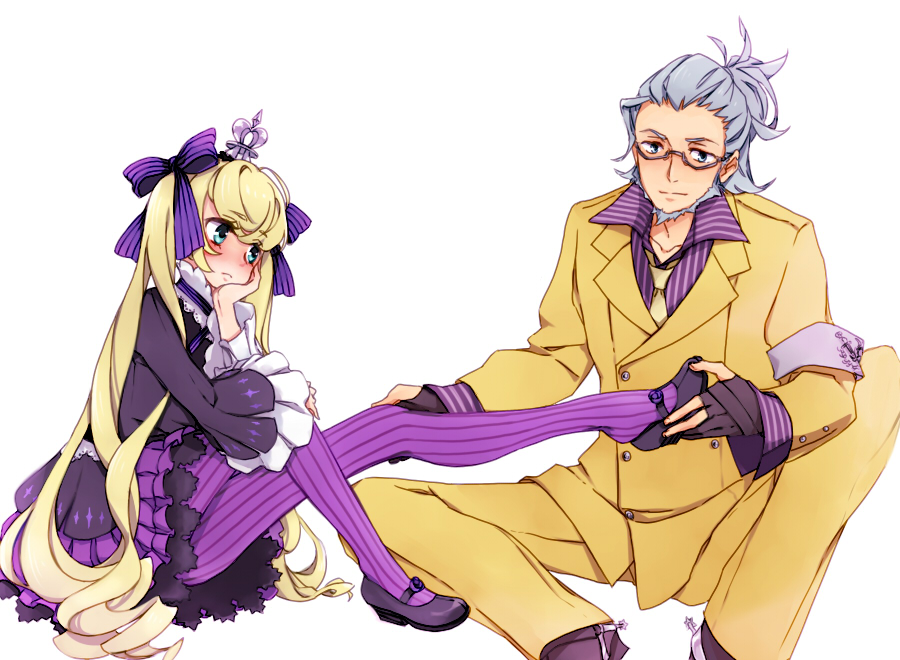 1boy, 1girl, 7th_dragon, 7th_dragon_(series), 7th_dragon_2020, beard, blonde_hair, blue_eyes, blush, chelsea_(7th_dragon), facial_hair, formal_clothes, frills, glasses, gloves, grey_hair, hacker_(7th_dragon), kiharatta, long_hair, necktie, pantyhose, plantar_flexion, purple_pantyhose, putting_on_footwear, sitting, skirt, striped_clothes, striped_legwear, striped_pantyhose, suit, trickster_(7th_dragon), twintails, vertical-striped_clothes, vertical-striped_pantyhose, very_long_hair