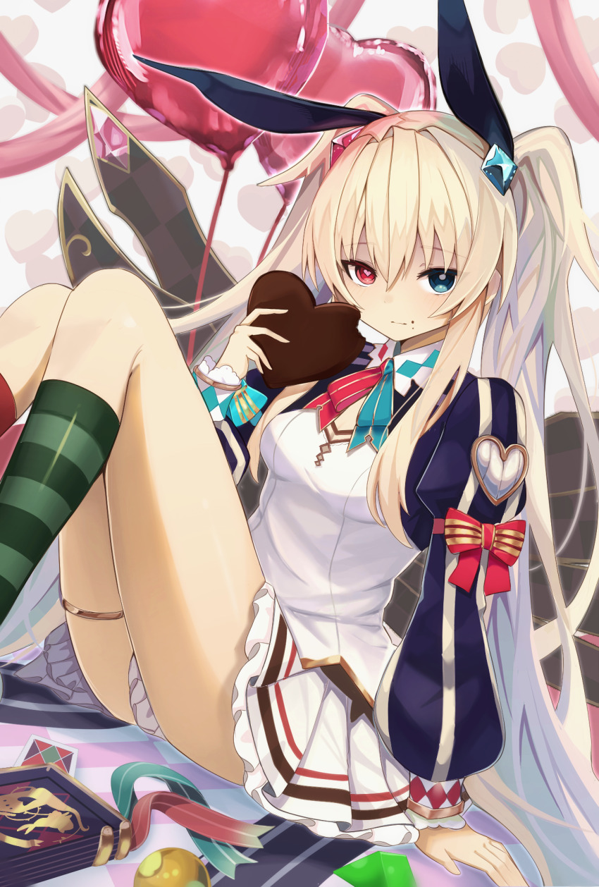 1girl, alice_undertale_(grimms_notes), asymmetrical_legwear, balloon, blonde_hair, blue_eyes, blue_sleeves, breasts