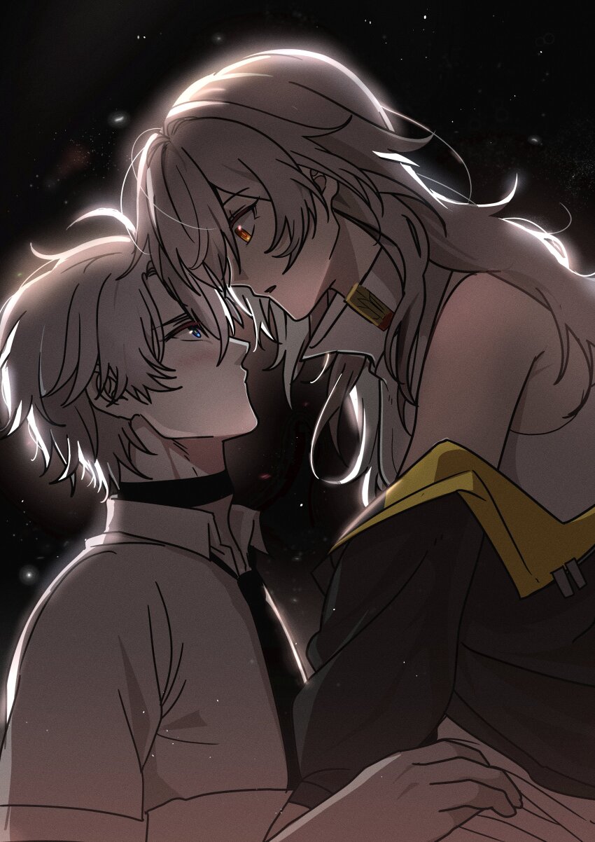 1boy, 1girl, absurdres, bare_shoulders, black_jacket, black_necktie, blue_eyes, blush