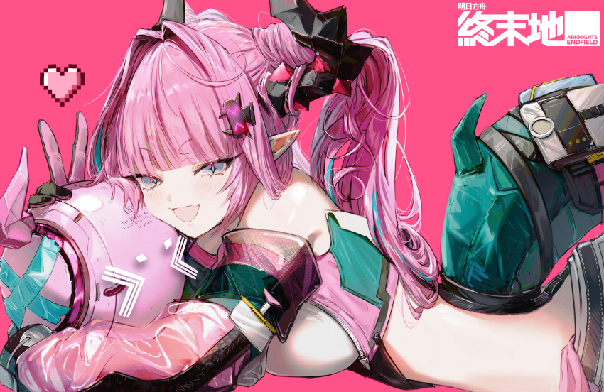 1girl, absurdres, arknights, arknights:_endfield, bikini, bikini_top_only, blue_eyes, blunt_bangs, blush, breasts, commentary, cropped_jacket, detached_sleeves, english_commentary, from_side, hair_intakes, highres, holding_drone, horns, jacket, large_breasts, long_hair, lying, on_stomach, open_mouth, pink_hair, pink_jacket, pointy_ears, pppmepl, solo, swimsuit, tail, twintails, white_bikini, yvonne_(arknights)