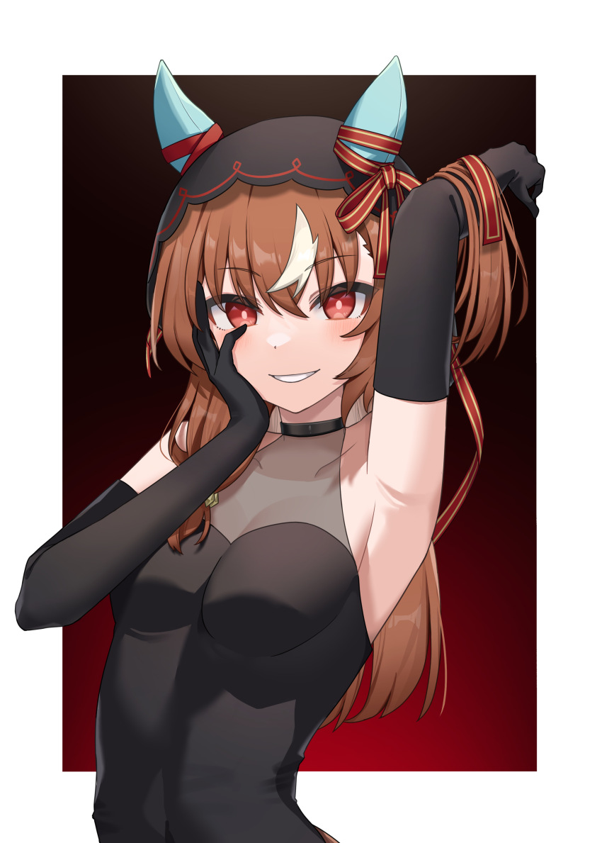 1girl, absurdres, armpits, black_background, border, commentary_request, ear_covers, elbow_gloves, gloves, gradient_background, highres, horse_girl, jitsumuraakiho, long_hair, red_background, red_eyes, solo, still_in_love_(umamusume), umamusume, veil, white_border