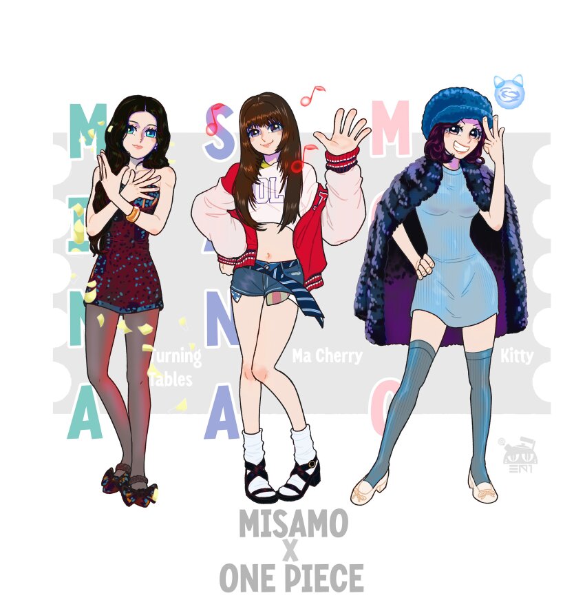 3girls, absurdres, belt, black_belt, black_pantyhose, black_shoes, blue_eyes, blue_hair, blue_hat, blue_shorts, blue_thighhighs, bracelet, breasts, brown_eyes, brown_hair, cropped_shirt, dress, hat, high_heels, highres, jacket, jewelry, looking_at_viewer, medium_breasts, midriff, mina_(twice), misamo, momo_(twice), multiple_girls, musical_note, navel, one_piece, pantyhose, real_life, red_dress, red_jacket, rt_3nd1s, sana_(twice), shirt, shoes, short_hair, short_shorts, shorts, smile, socks, thighhighs, twice_(group), v, waving, white_shirt, white_shoes, white_socks