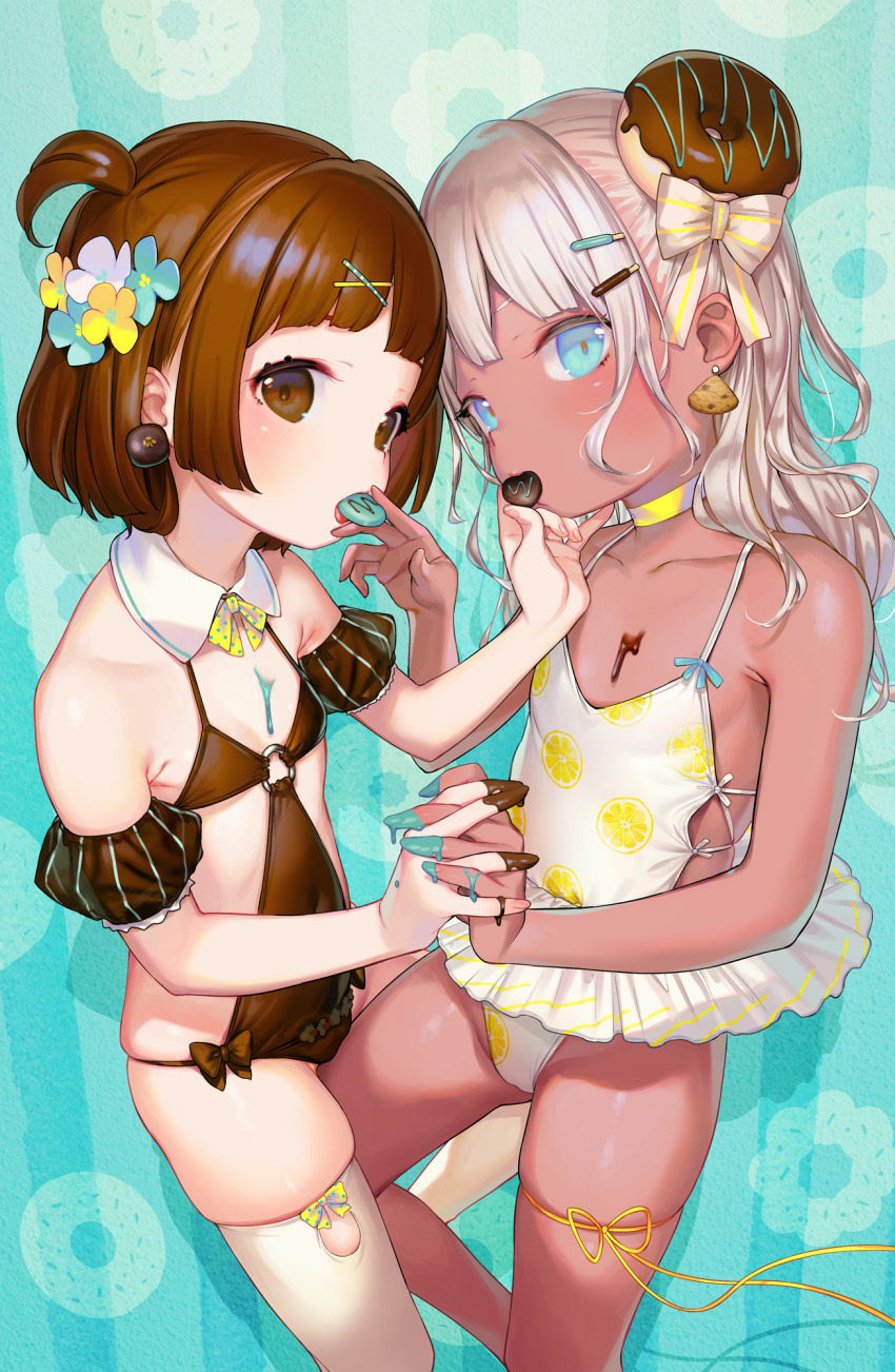 2girls, bare_shoulders, bikini, black_bikini, blue_eyes, blush, brown_eyes, brown_hair