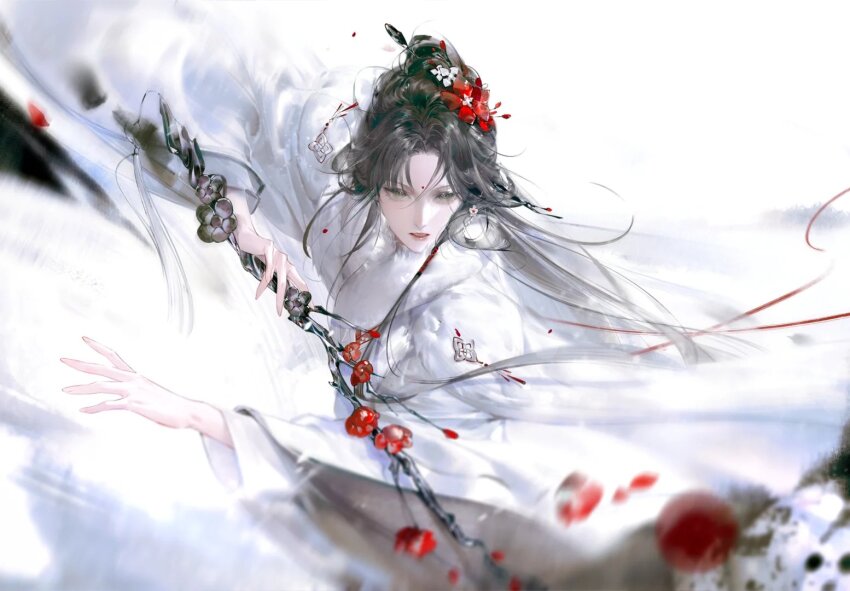 1girl, arm_up, black_hair, branch, chinese_clothes, facial_mark, flower, forehead_mark, hand_up, holding, holding_branch, holding_weapon, jichuan_(path_to_nowhere), parted_bangs, path_to_nowhere, solo, standing, upper_body, weapon, white_background, yunzismn