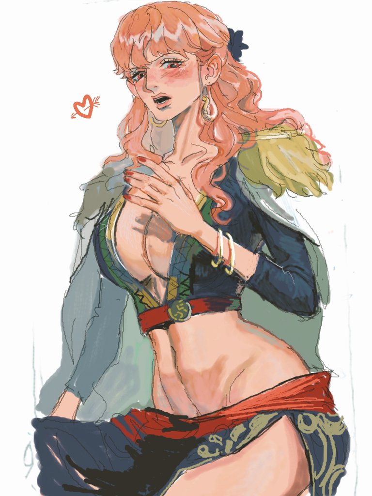 1girl, blue_sash, blue_shirt, blunt_bangs, blush, breasts, cape, cleavage, commentary_request, crop_top, earrings, epaulettes, gloriosa_(one_piece), half_updo, heart, jewelry, juugagon, long_hair, looking_at_viewer, midriff, navel, one_piece, pink_hair, red_nails, red_sash, sash, shirt, simple_background, snake_earrings, solo, white_background, white_cape