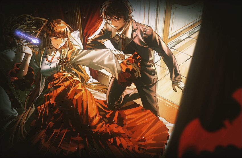 1boy, 1girl, akutoku_no_judgement_(vocaloid), ascot, bed, black_hair, black_jacket, black_pants