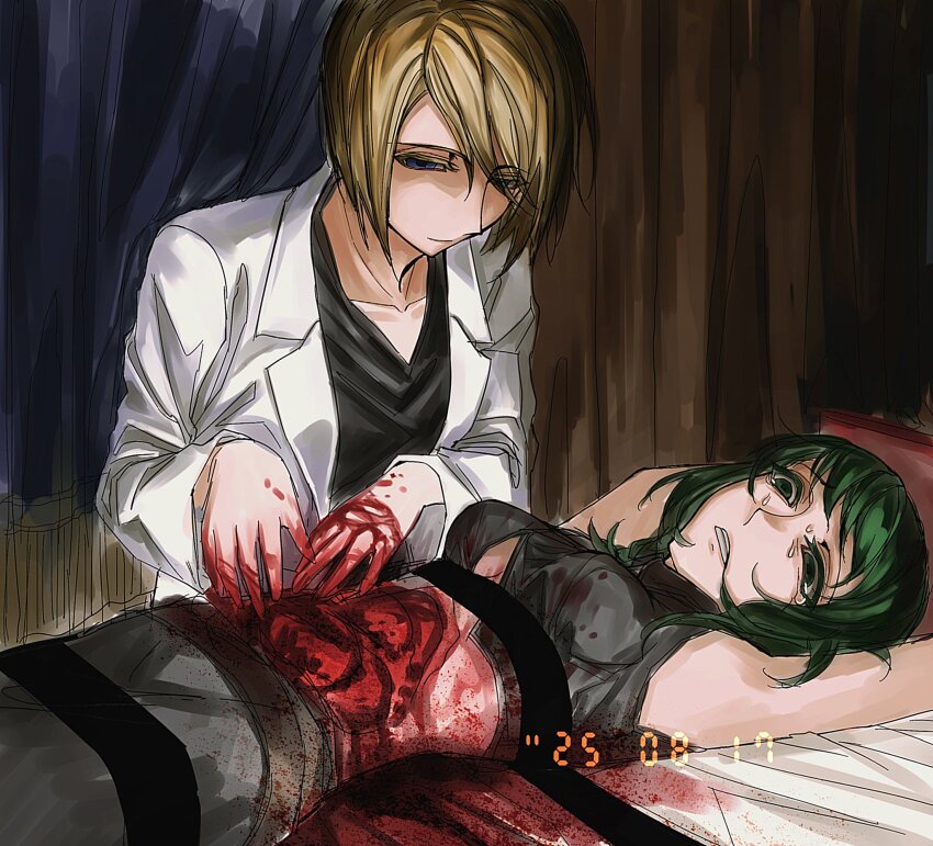 2girls, arms_up, barisol_no_kodomo_wa_hitorikko_(vocaloid), black_shirt, blonde_hair, blood, blood_on_clothes, blood_on_hands
