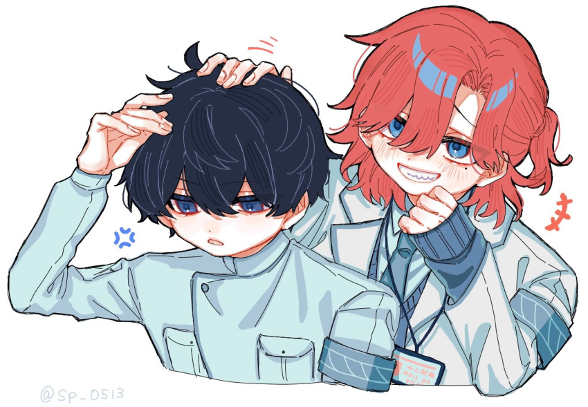 +++, 2boys, anger_vein, annoyed, armband, black_hair, blue_armband, blue_eyes