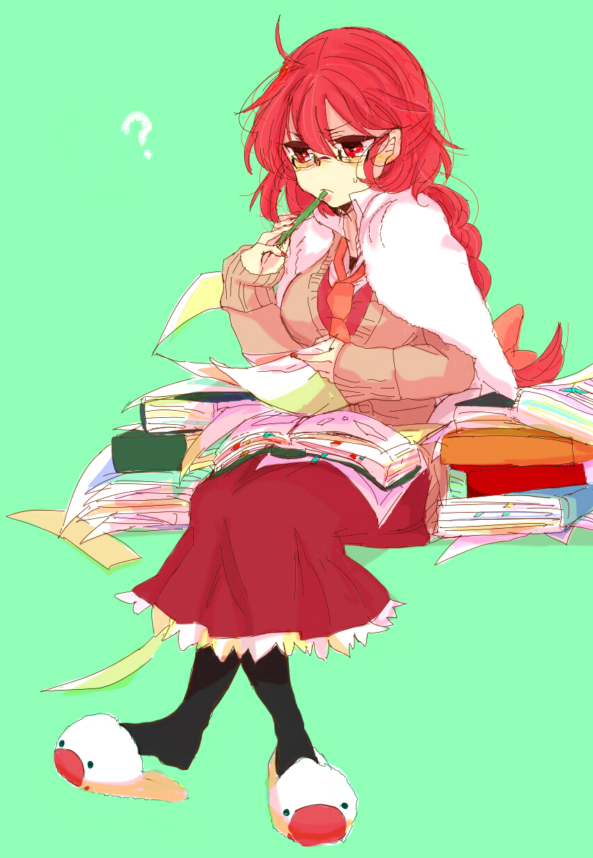 1girl, bad_id, bad_pixiv_id, bespectacled, black_pantyhose, book, bow, braid