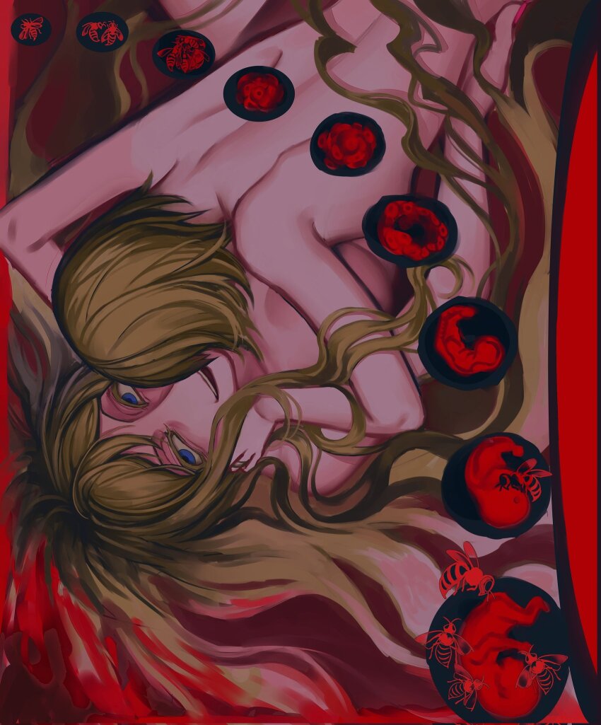 2girls, blonde_hair, blood, blue_eyes, breasts, bug, chinese_commentary, colored_eyelashes